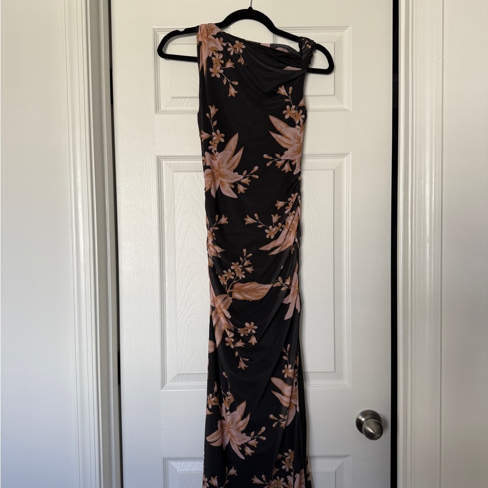 Hello Molly One Shoulder Black and Pink Floral Dress